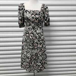 BCBGMAXAZRIA Dress Womens 0 Black White Floral Linen Blend Button Front Midi